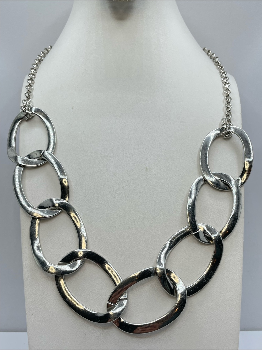 Silver Tone Oversized Oval Link Chain Statement Necklace Adjustable